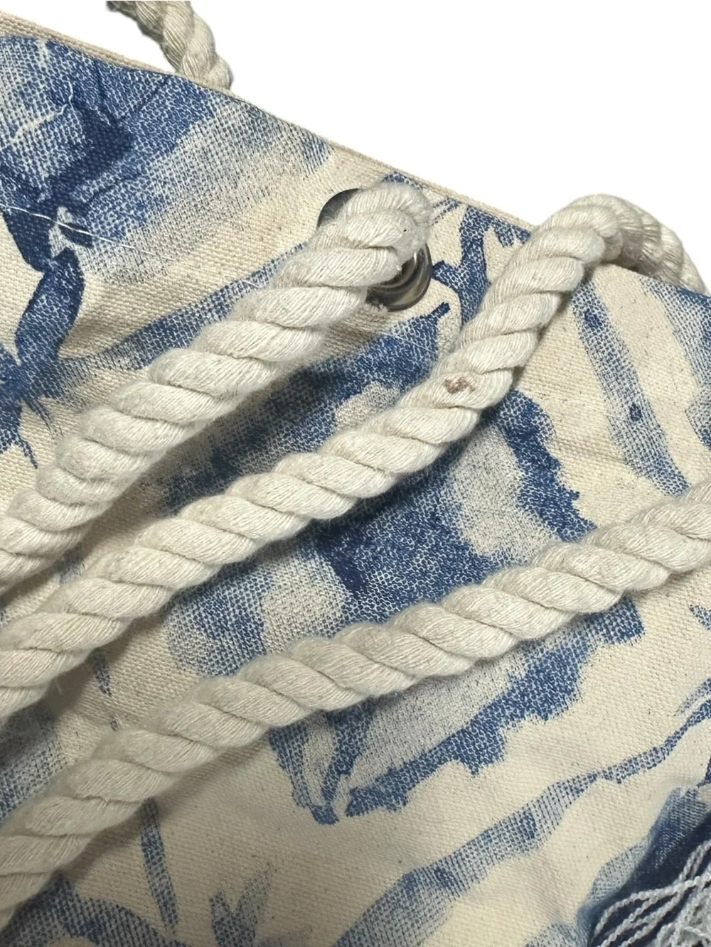 Canvas Tote Bag with Blue Ikat Print and Tassel